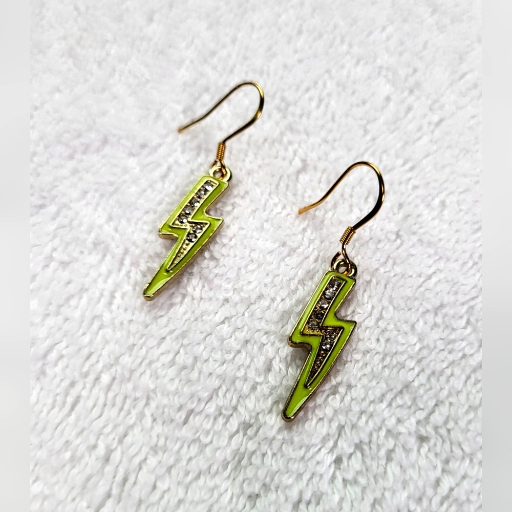 Neon Yellow Rhinestone Lightning Bolt Statement Dangle Earrings / Pierced - Picture 3 of 6